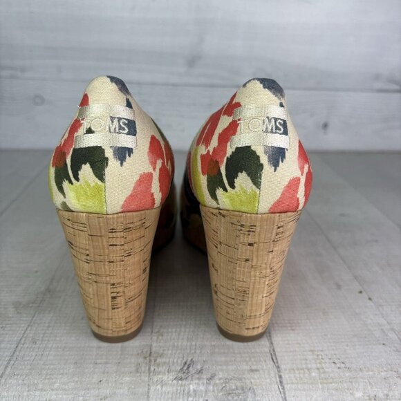 Toms STELLA Abstract Floral Canvas Peep Toe Cork Wedge Heel Slip On Shoes Size 9 - Picture 7 of 16